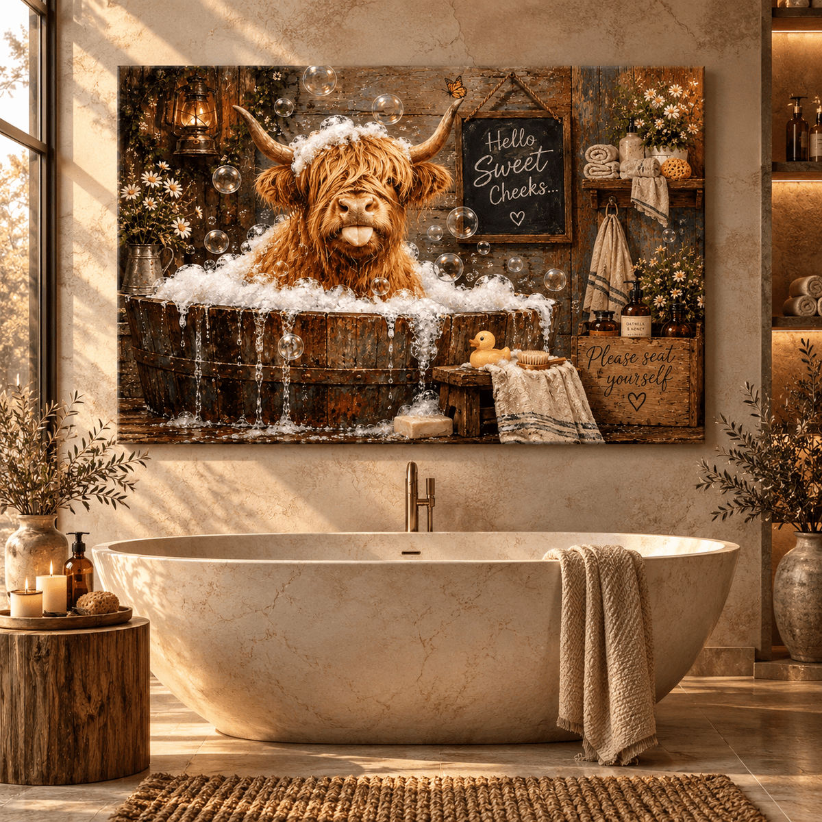 Funny Highland Cow Bathtub Canvas Wall Art – Hello Sweet Cheeks Rustic Farmhouse Bathroom Decor - ART OF ROYALS