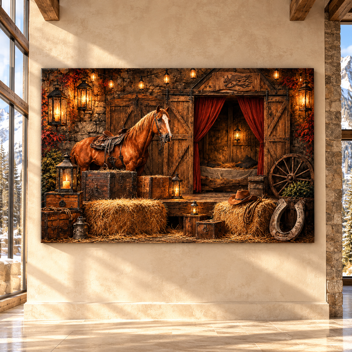 Chestnut Quarter Horse Stable Wrapped Canvas Wall Art – Rustic Western Ranch Barn Painting