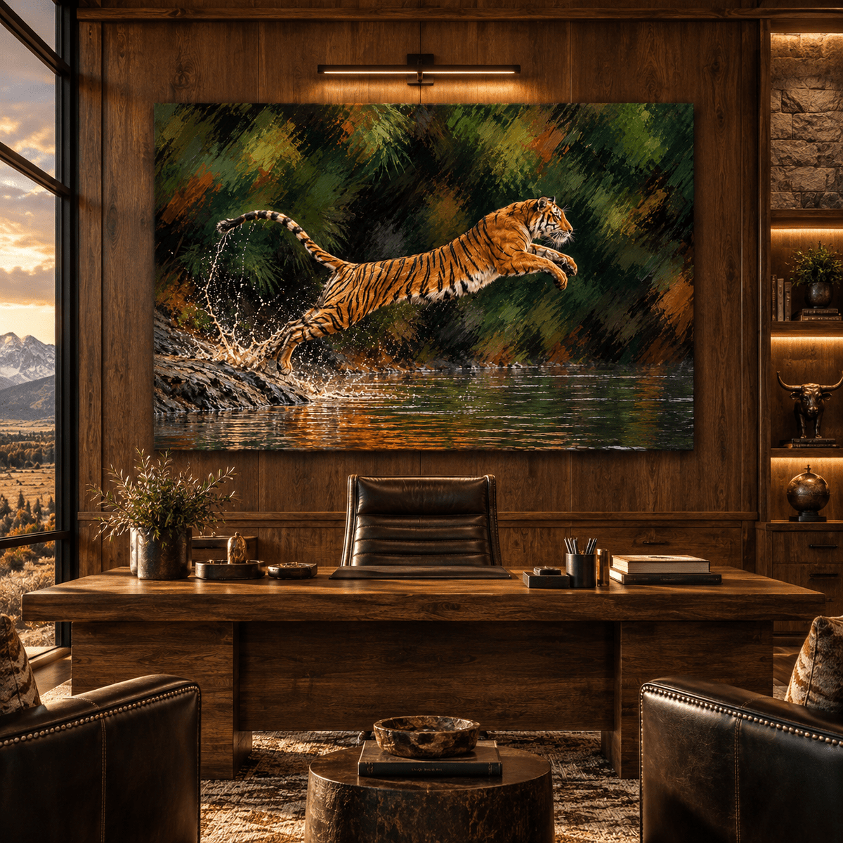 Bengal Tiger Leaping into River Canvas Wall Art – Wild Tiger Jumping from Rocky Shore Oil Painting - ART OF ROYALS