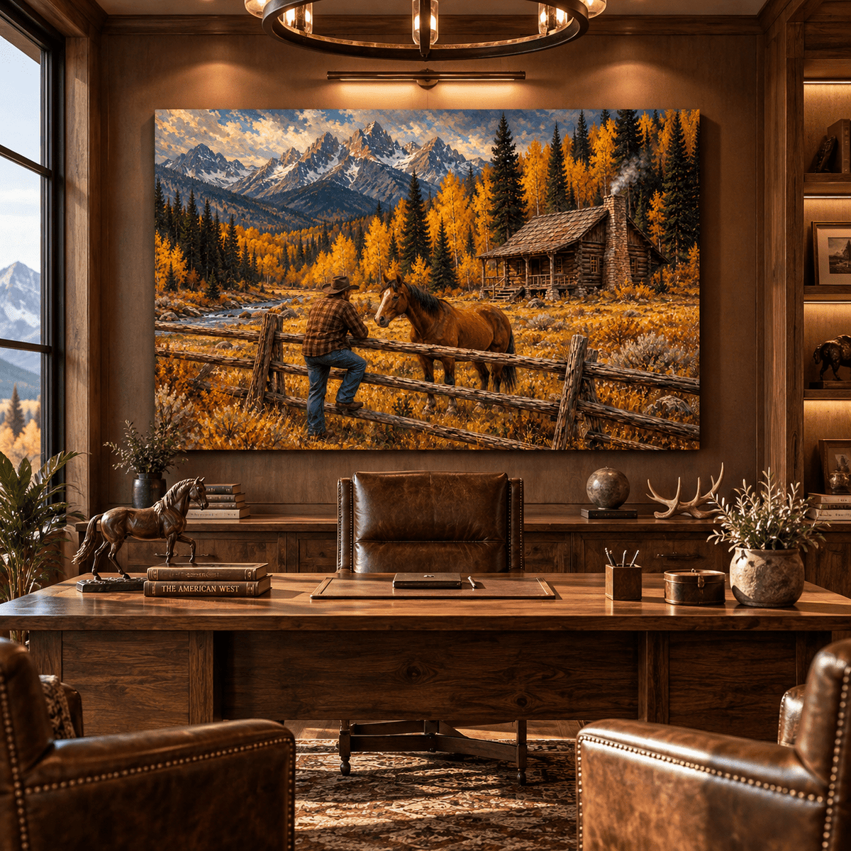 Cowboy and Horse Canvas Wall Art – Autumn Mountain Log Cabin Western Ranch Oil Painting - ART OF ROYALS