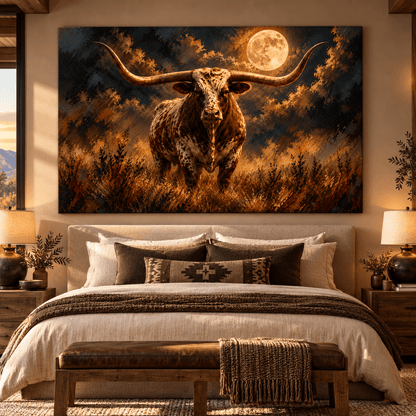 Texas Longhorn Bull Under Full Moon Canvas Wall Art – Majestic Speckled Longhorn Western Oil Painting - ART OF ROYALS