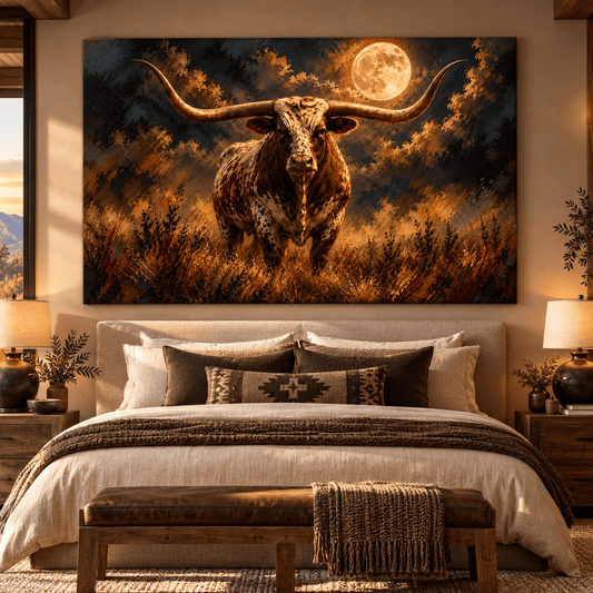 Texas Longhorn Bull Under Full Moon Canvas Wall Art – Majestic Speckled Longhorn Western Oil Painting - ART OF ROYALS
