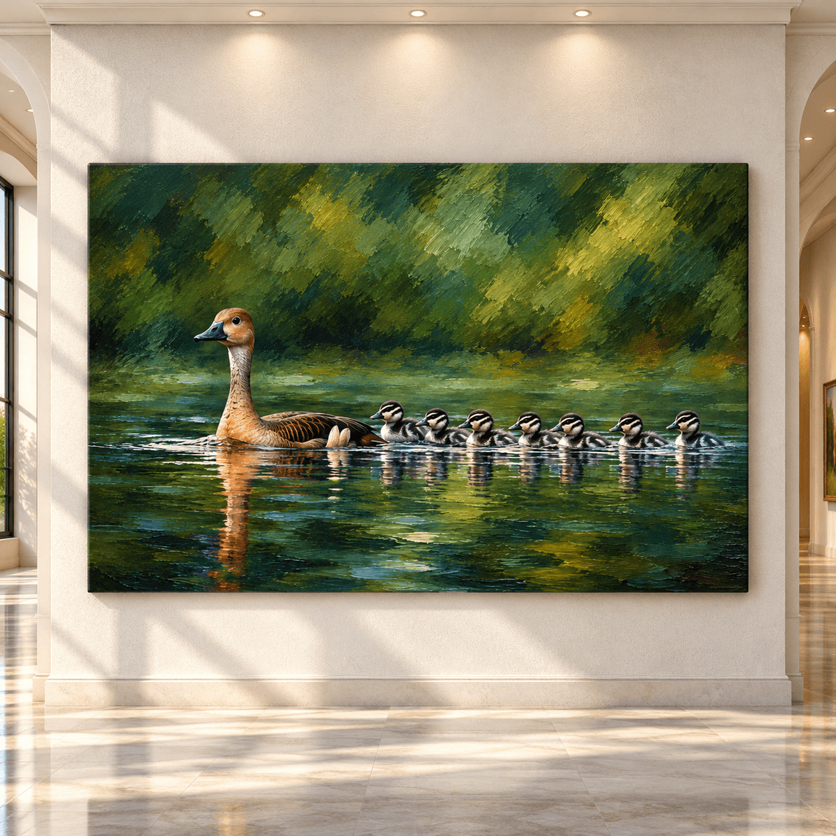Mother Duck with Seven Ducklings Wrapped Canvas Wall Art – Peaceful Green Pond Wildlife Painting - ART OF ROYALS