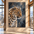 Amur Leopard in Snow Wrapped Canvas Wall Art – Blue-Eyed Leopard Wildlife Portrait