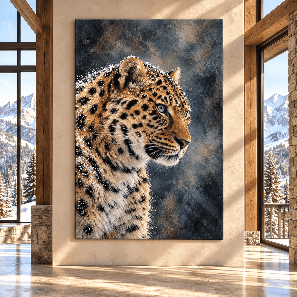 Amur Leopard in Snow Wrapped Canvas Wall Art – Blue-Eyed Leopard Wildlife Portrait - ART OF ROYALS