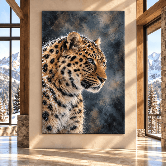 Amur Leopard in Snow Wrapped Canvas Wall Art – Blue-Eyed Leopard Wildlife Portrait - ART OF ROYALS