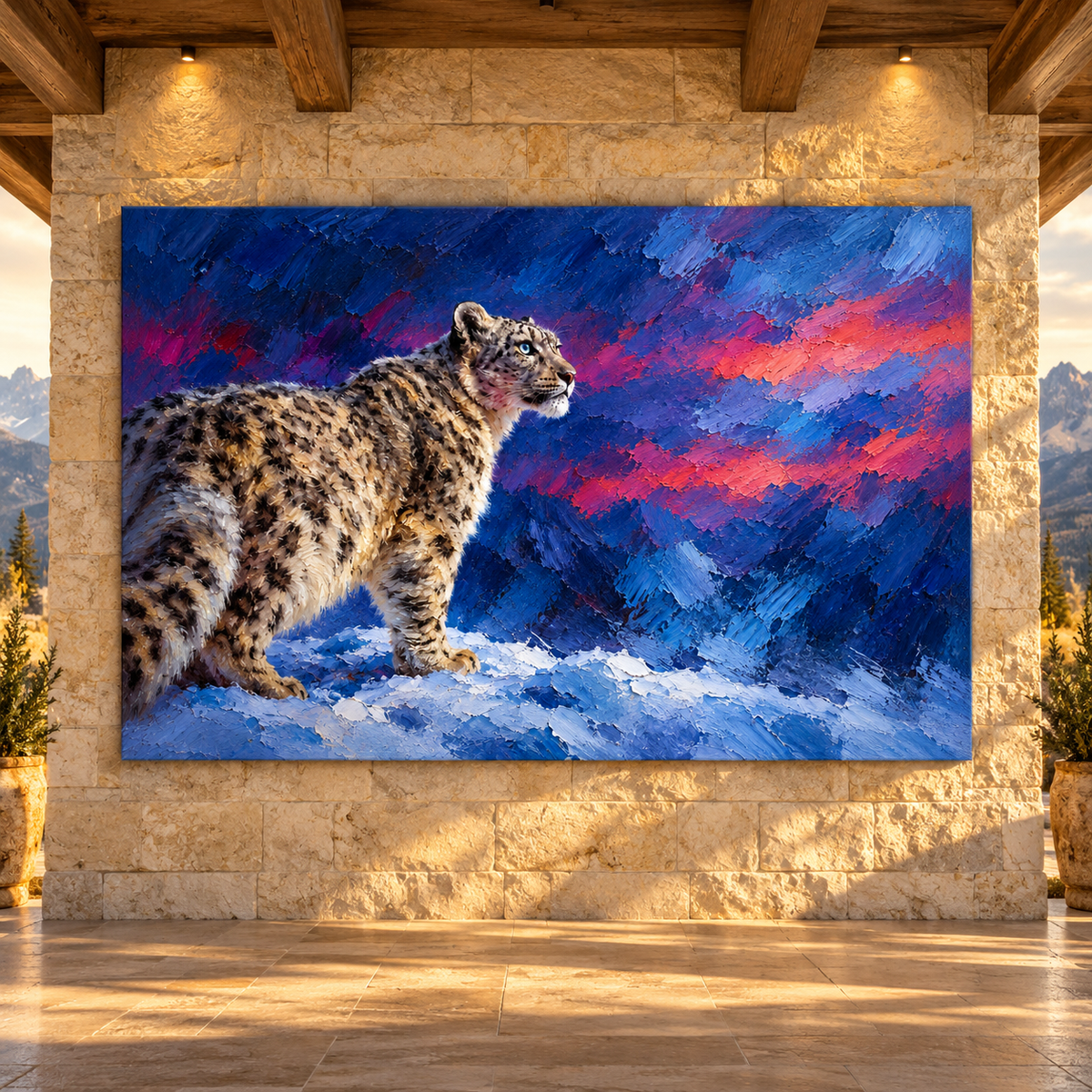 Snow Leopard Wrapped Canvas Wall Art – Blue-Eyed Himalayan Mountain Wildlife Painting