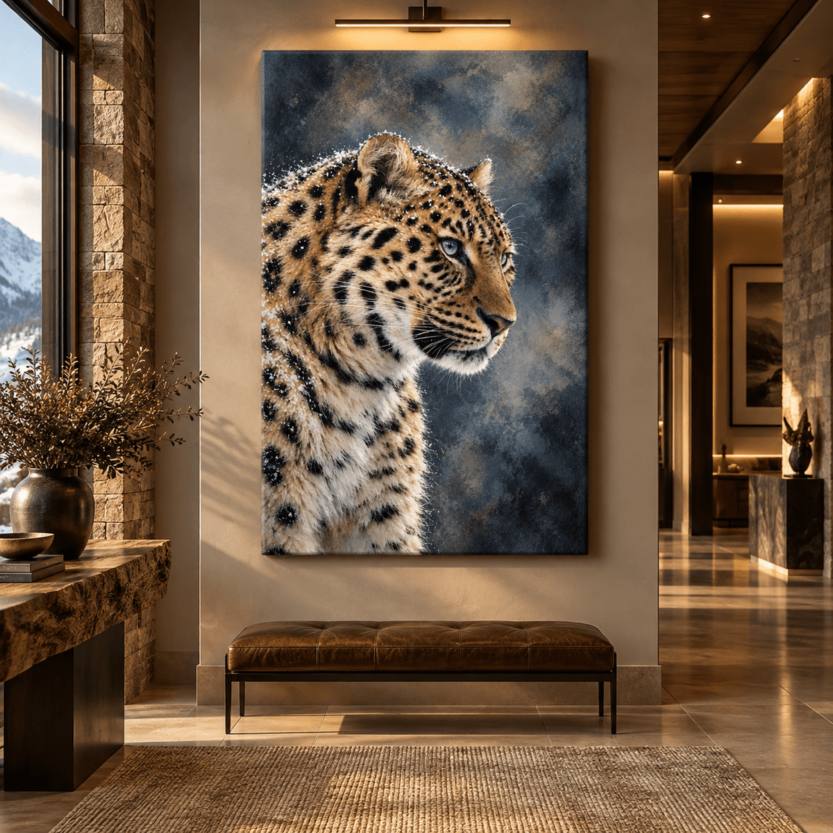 Amur Leopard in Snow Wrapped Canvas Wall Art – Blue-Eyed Leopard Wildlife Portrait - ART OF ROYALS