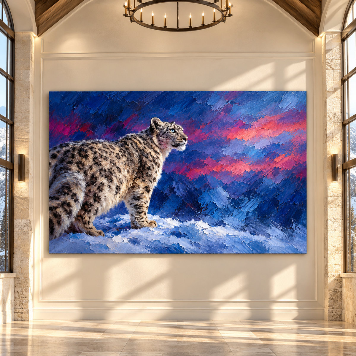 Snow Leopard Wrapped Canvas Wall Art – Blue-Eyed Himalayan Mountain Wildlife Painting