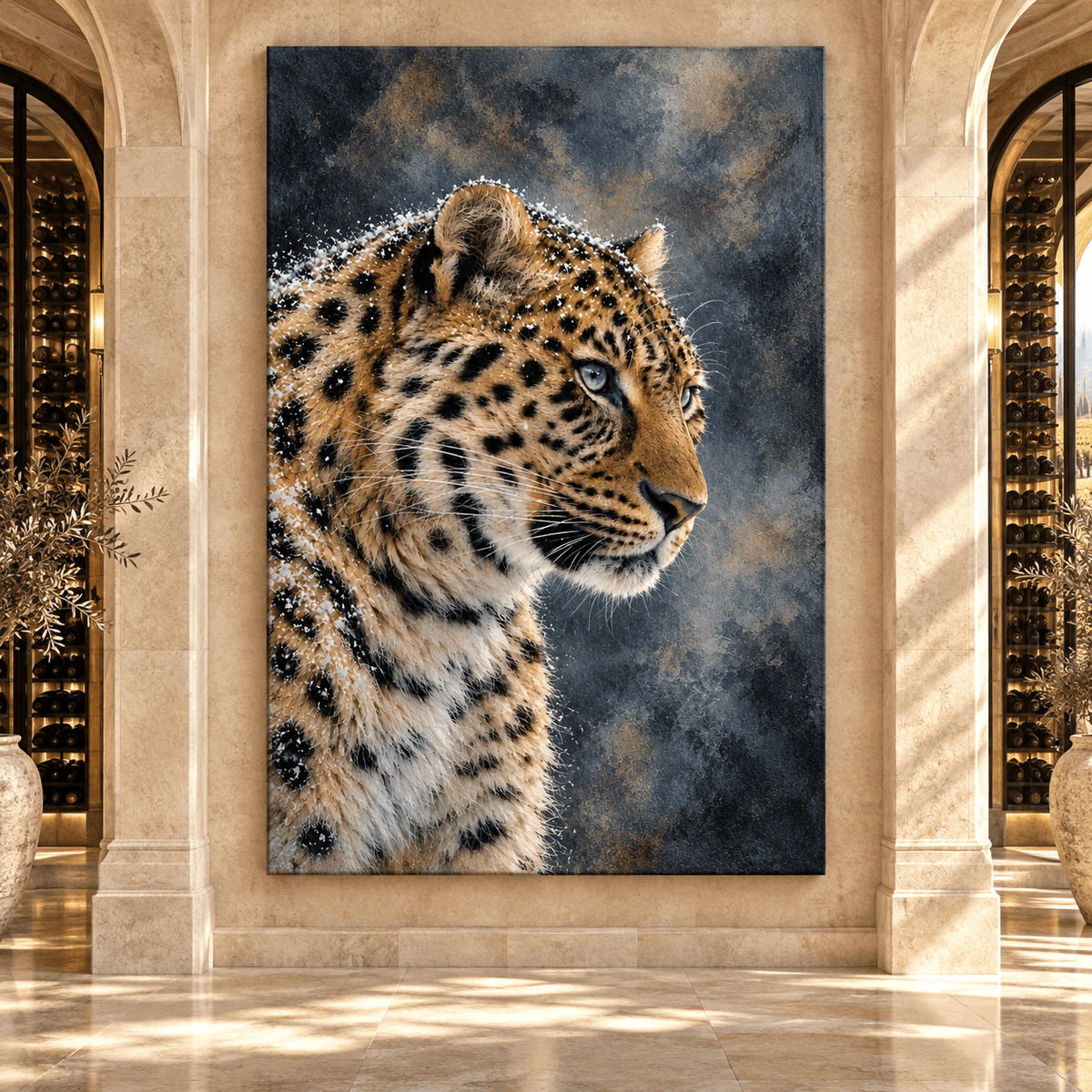 Amur Leopard in Snow Wrapped Canvas Wall Art – Blue-Eyed Leopard Wildlife Portrait - ART OF ROYALS