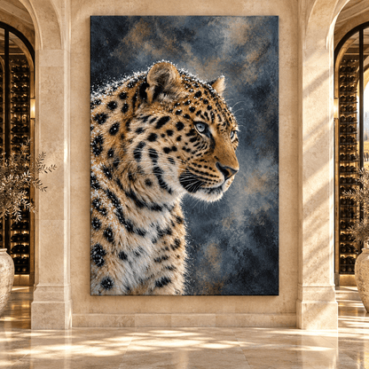 Amur Leopard in Snow Wrapped Canvas Wall Art – Blue-Eyed Leopard Wildlife Portrait - ART OF ROYALS