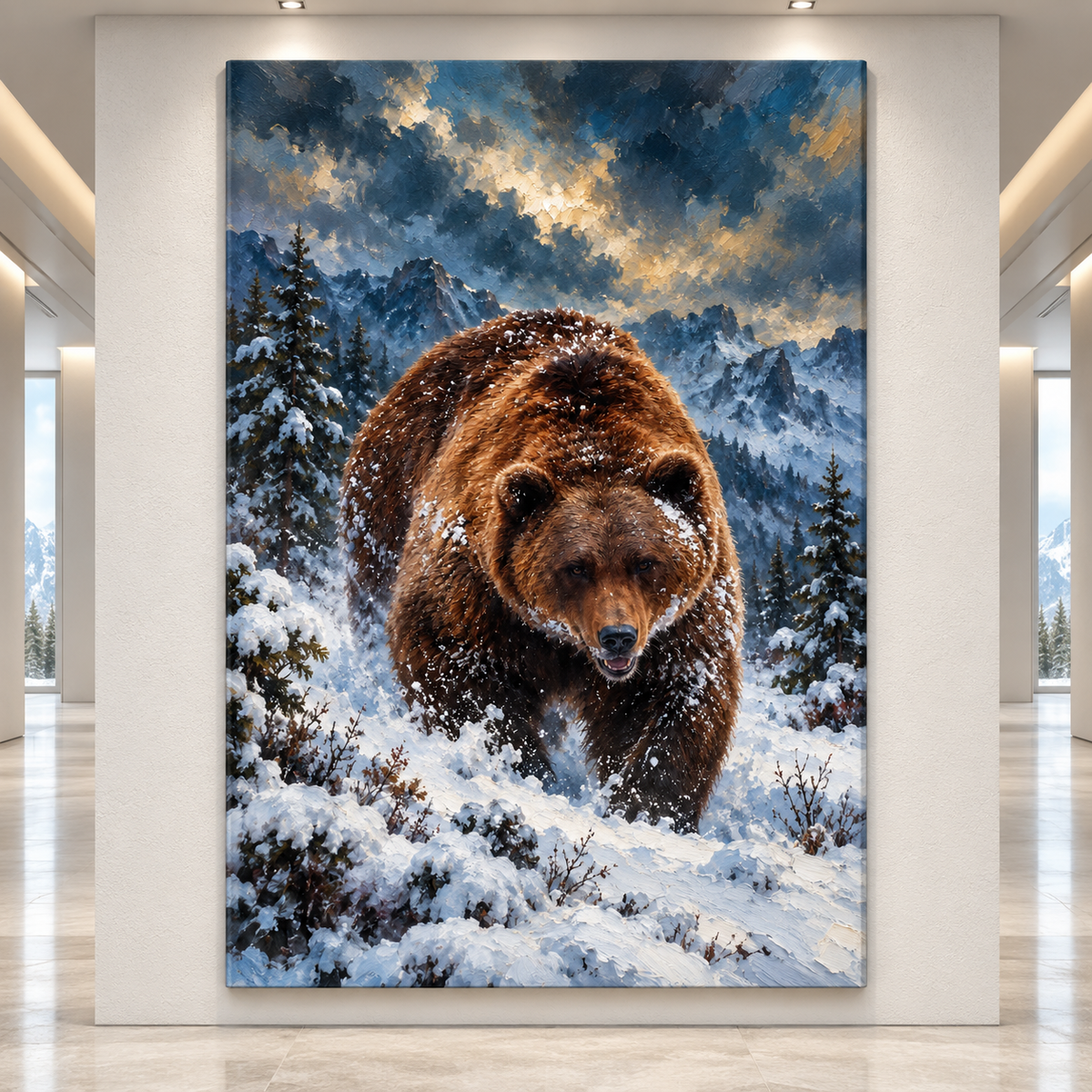 Grizzly Bear in Snow Wrapped Canvas Wall Art – Winter Mountain Wildlife Painting