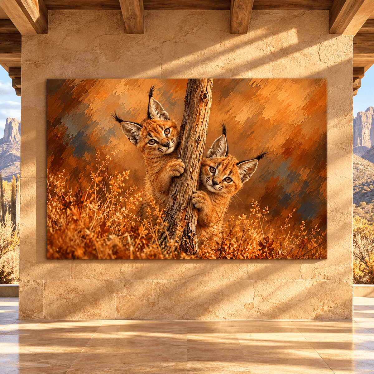 Caracal Kittens Wrapped Canvas Wall Art – African Wild Cat Cubs Painting - ART OF ROYALS