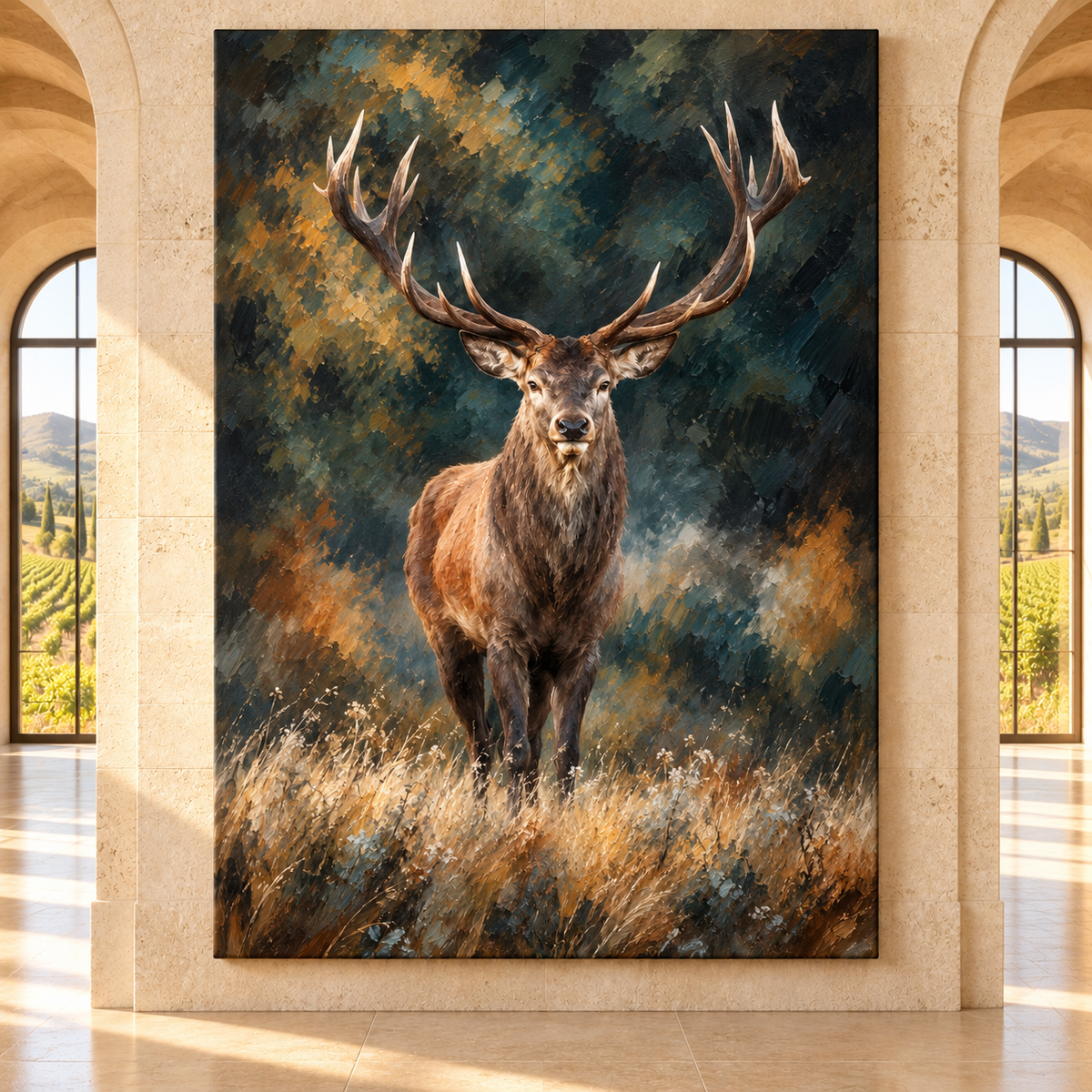 Majestic Red Stag Wrapped Canvas Wall Art – Dark Woodland Deer Painting