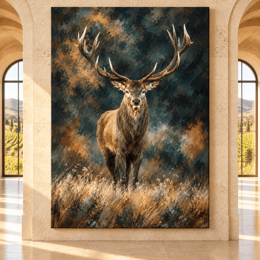 Majestic Red Stag Wrapped Canvas Wall Art – Dark Woodland Deer Painting - ART OF ROYALS