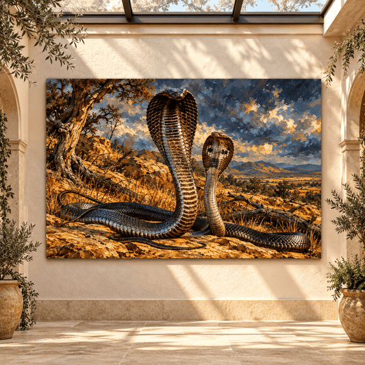 King Cobra Snake Canvas Wall Art – Two Majestic Cobras in a Dramatic Rocky Wilderness Painting - ART OF ROYALS