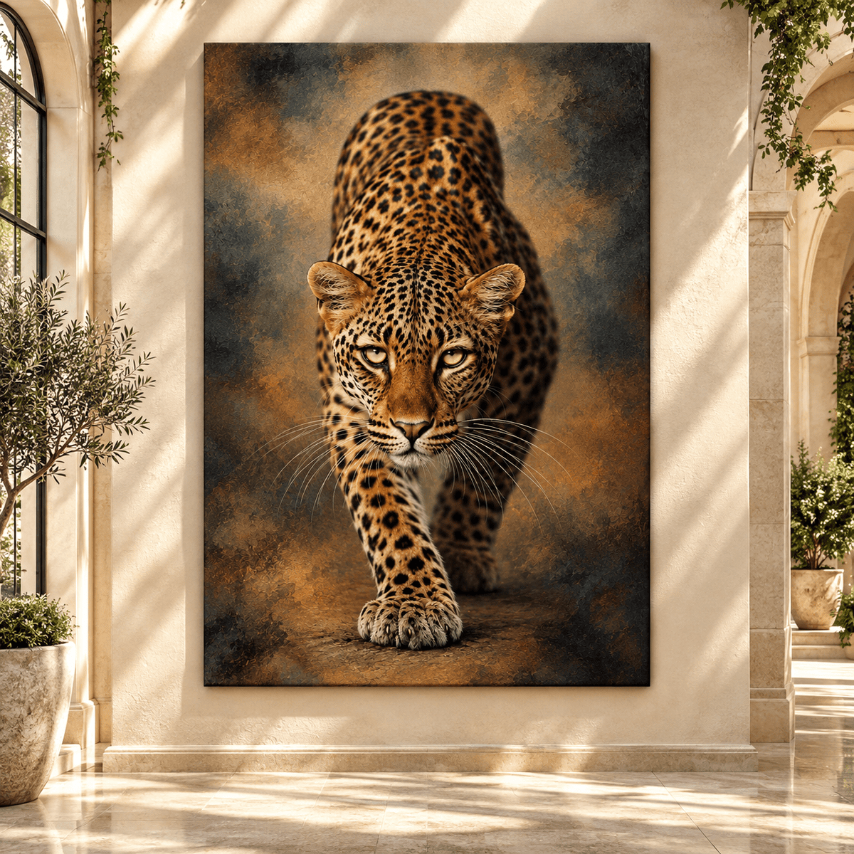 African Leopard Stalking Prey Wrapped Canvas Wall Art – Golden-Eyed Leopard Wildlife Painting - ART OF ROYALS