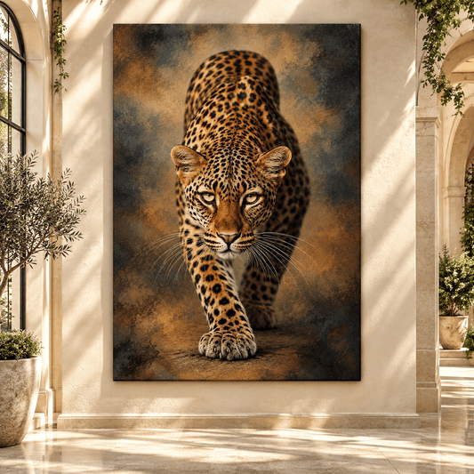 African Leopard Stalking Prey Wrapped Canvas Wall Art – Golden-Eyed Leopard Wildlife Painting - ART OF ROYALS