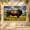 Tiger Striped Brindle Bull in Pasture Wrapped Canvas Wall Art – Impasto Oil Painting Cattle Print