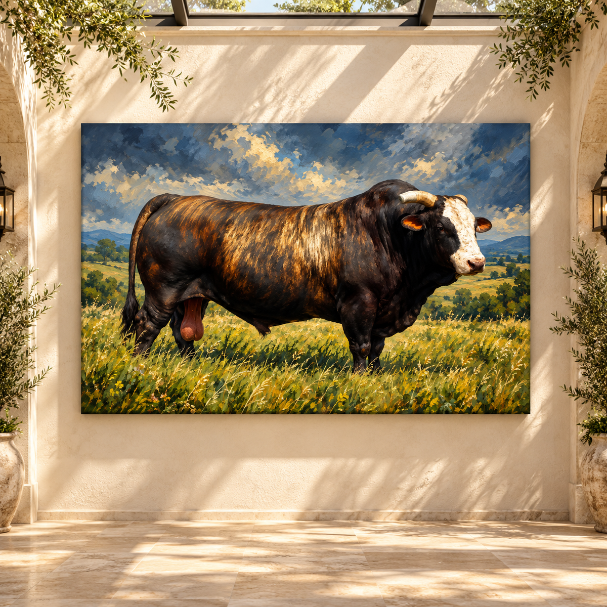 Tiger Striped Brindle Bull in Pasture Wrapped Canvas Wall Art – Impasto Oil Painting Cattle Print