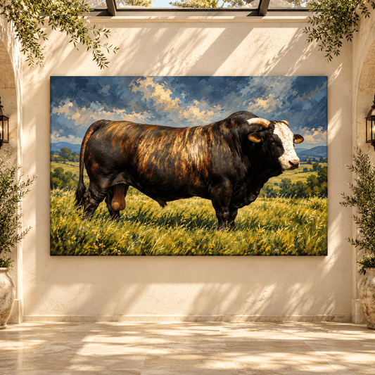 Tiger Striped Brindle Bull in Pasture Wrapped Canvas Wall Art – Impasto Oil Painting Cattle Print - ART OF ROYALS