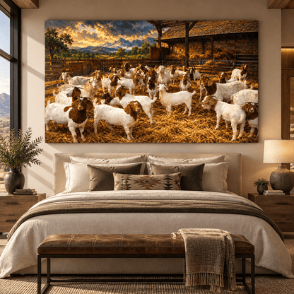 Boer Goat Herd Canvas Wall Art – Rustic Barnyard and Golden Mountain Sunset Painting - ART OF ROYALS