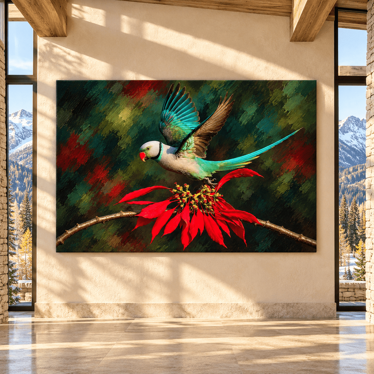 Indian Ringneck Parakeet Wrapped Canvas Wall Art – Green Rose-Ringed Parakeet in Flight Painting - ART OF ROYALS