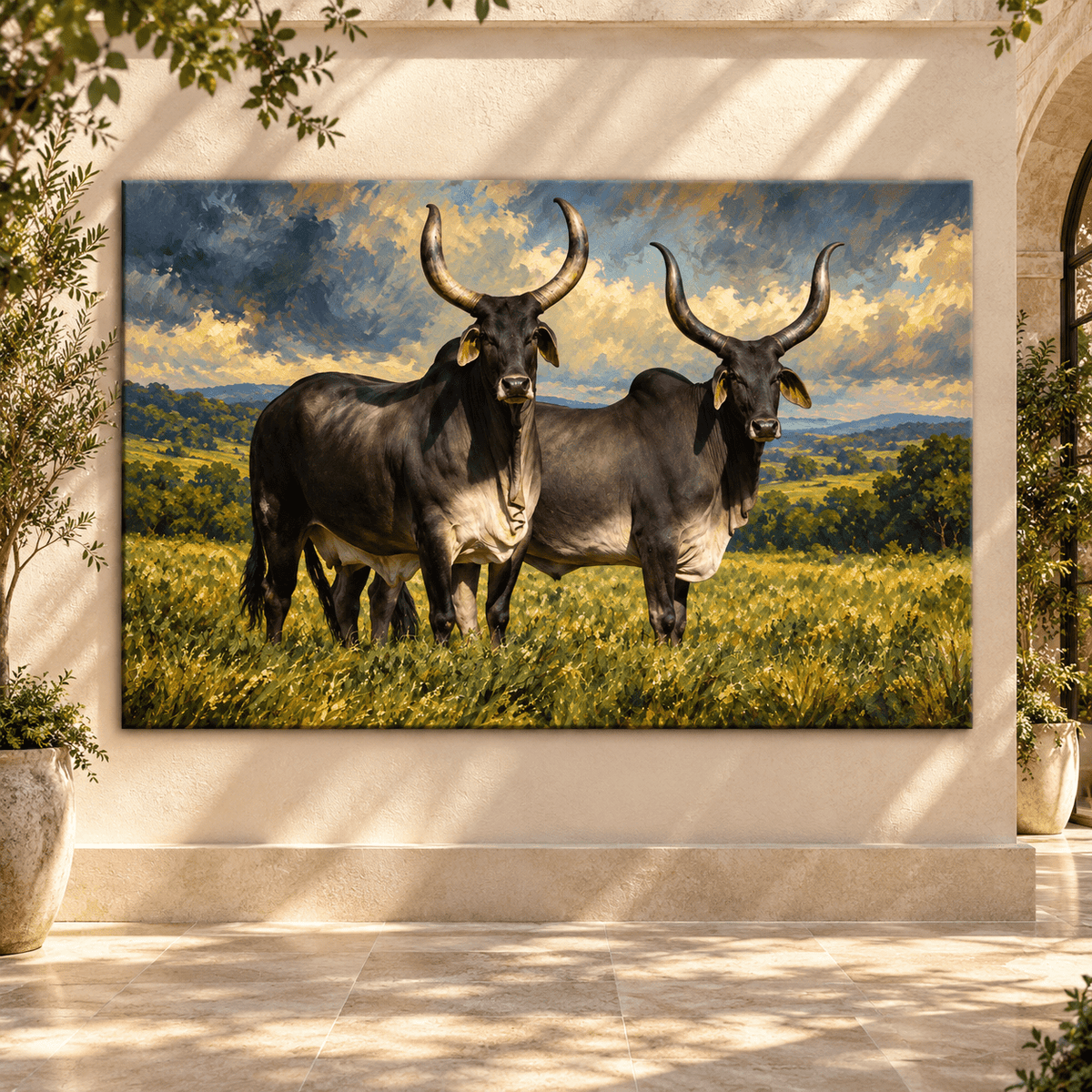 Brahman Cattle Pair Canvas Wall Art – Two Black Gray Brahman Cows in Golden Pasture Oil Painting - ART OF ROYALS