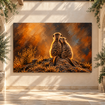 Meerkat Pair at Sunset Wrapped Canvas Wall Art – African Wildlife Companion Painting