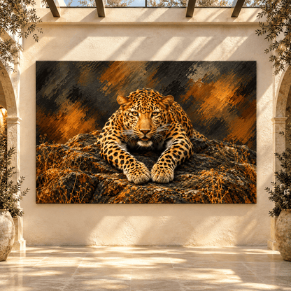 Amur Leopard on Rocky Ledge Wrapped Canvas Wall Art – Golden Spotted Big Cat Wildlife Painting