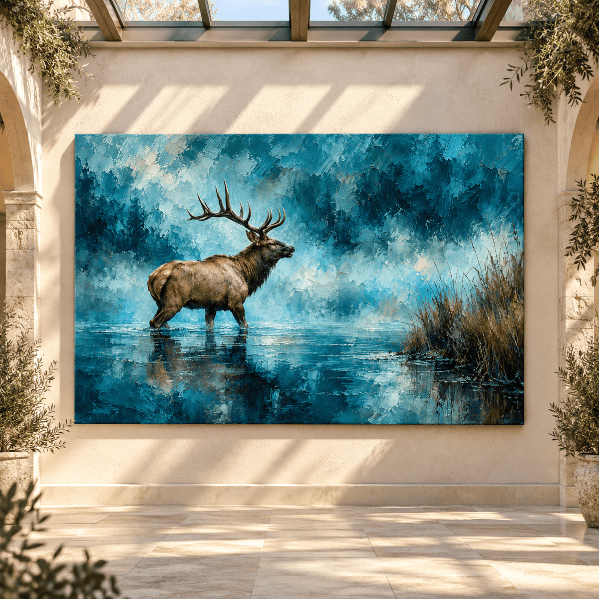 American Elk Bull in Misty Water Wrapped Canvas Wall Art – Rocky Mountain Wildlife Painting