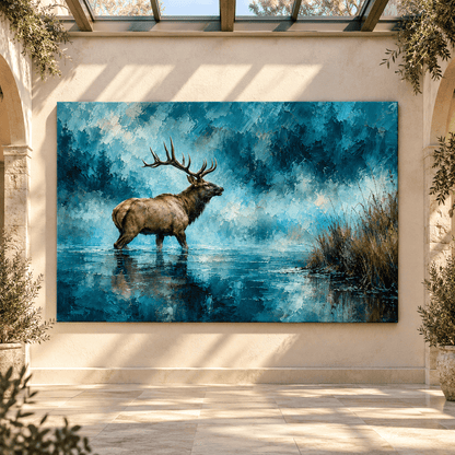 American Elk Bull in Misty Water Wrapped Canvas Wall Art – Rocky Mountain Wildlife Painting