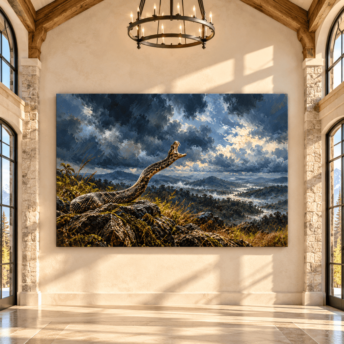 Rattlesnake Under Stormy Sky Canvas Wall Art – Striking Snake in Mountain Wilderness Oil Painting - ART OF ROYALS
