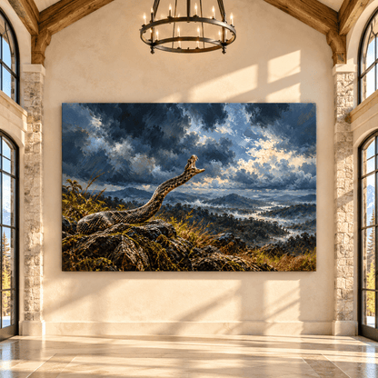 Rattlesnake Under Stormy Sky Canvas Wall Art – Striking Snake in Mountain Wilderness Oil Painting - ART OF ROYALS