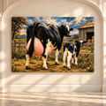 Holstein Dairy Cow and Calf Canvas Wall Art – Black and White Farm Cattle Rustic Barn Oil Painting