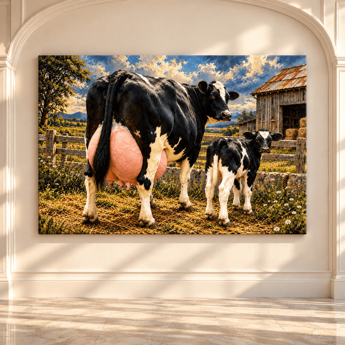 Holstein Dairy Cow and Calf Canvas Wall Art – Black and White Farm Cattle Rustic Barn Oil Painting - ART OF ROYALS