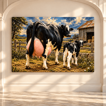 Holstein Dairy Cow and Calf Canvas Wall Art – Black and White Farm Cattle Rustic Barn Oil Painting - ART OF ROYALS