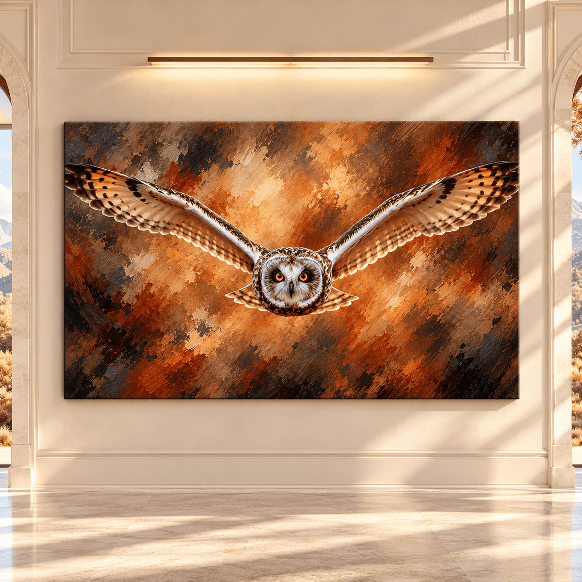Short-Eared Owl in Flight Canvas Wall Art – Majestic Owl with Spread Wings Oil Painting - ART OF ROYALS