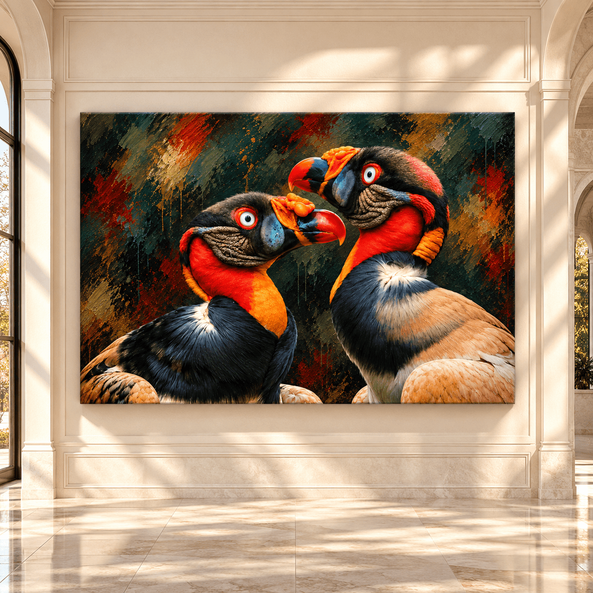 King Vulture Pair Wrapped Canvas Wall Art – Colorful Tropical Vulture Wildlife Painting - ART OF ROYALS