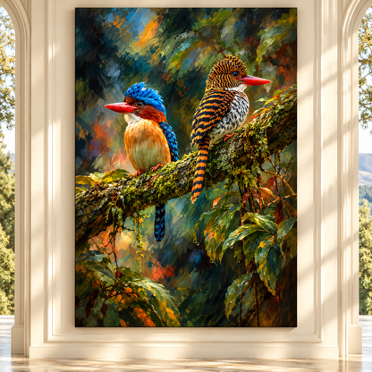 Oriental Dwarf Kingfisher Pair Wrapped Canvas Wall Art – Colorful Tropical Bird Painting