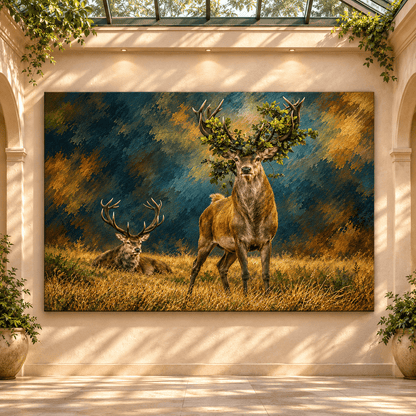 Majestic Red Deer Stags Canvas Wall Art – Two Antlered Bucks in Golden Meadow Wildlife Oil Painting - ART OF ROYALS