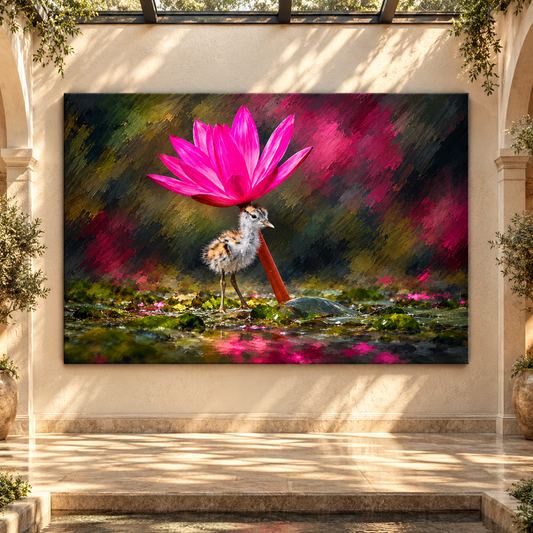Baby Bird Under Pink Lotus Flower Canvas Wall Art – Whimsical Floral Wildlife Oil Painting - ART OF ROYALS