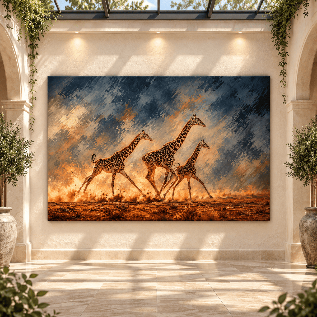 Masai Giraffe Herd Wrapped Canvas Wall Art – Running African Giraffes Wildlife Painting - ART OF ROYALS