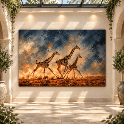 Masai Giraffe Herd Wrapped Canvas Wall Art – Running African Giraffes Wildlife Painting - ART OF ROYALS