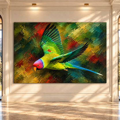 Flying Plum-Headed Parakeet Canvas Wall Art – Colorful Green Parrot in Flight Oil Painting - ART OF ROYALS
