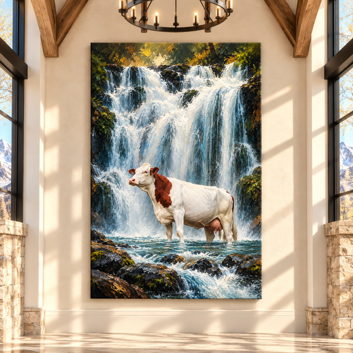 Hereford Cow at Waterfall Wrapped Canvas Wall Art – Rustic Cattle & Mountain Stream Painting
