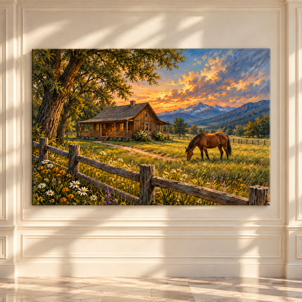 Rustic Ranch Cabin & Horse Wrapped Canvas Wall Art – Mountain Homestead Landscape Painting