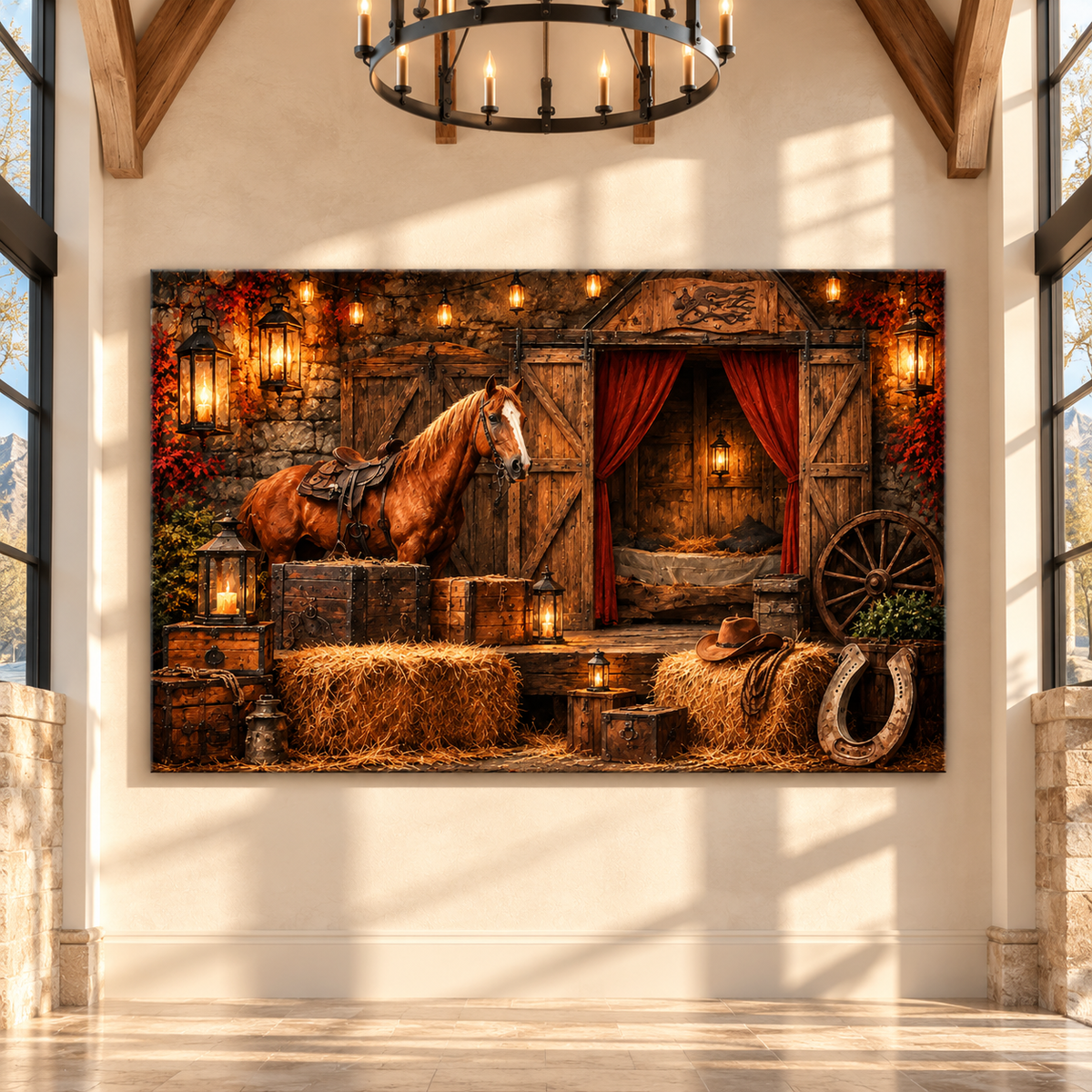 Chestnut Quarter Horse Stable Wrapped Canvas Wall Art – Rustic Western Ranch Barn Painting