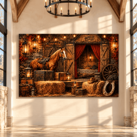 Chestnut Quarter Horse Stable Wrapped Canvas Wall Art – Rustic Western Ranch Barn Painting - ART OF ROYALS