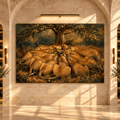 Lioness Pride Feeding Canvas Wall Art – African Lions Under Acacia Tree Wildlife Oil Painting